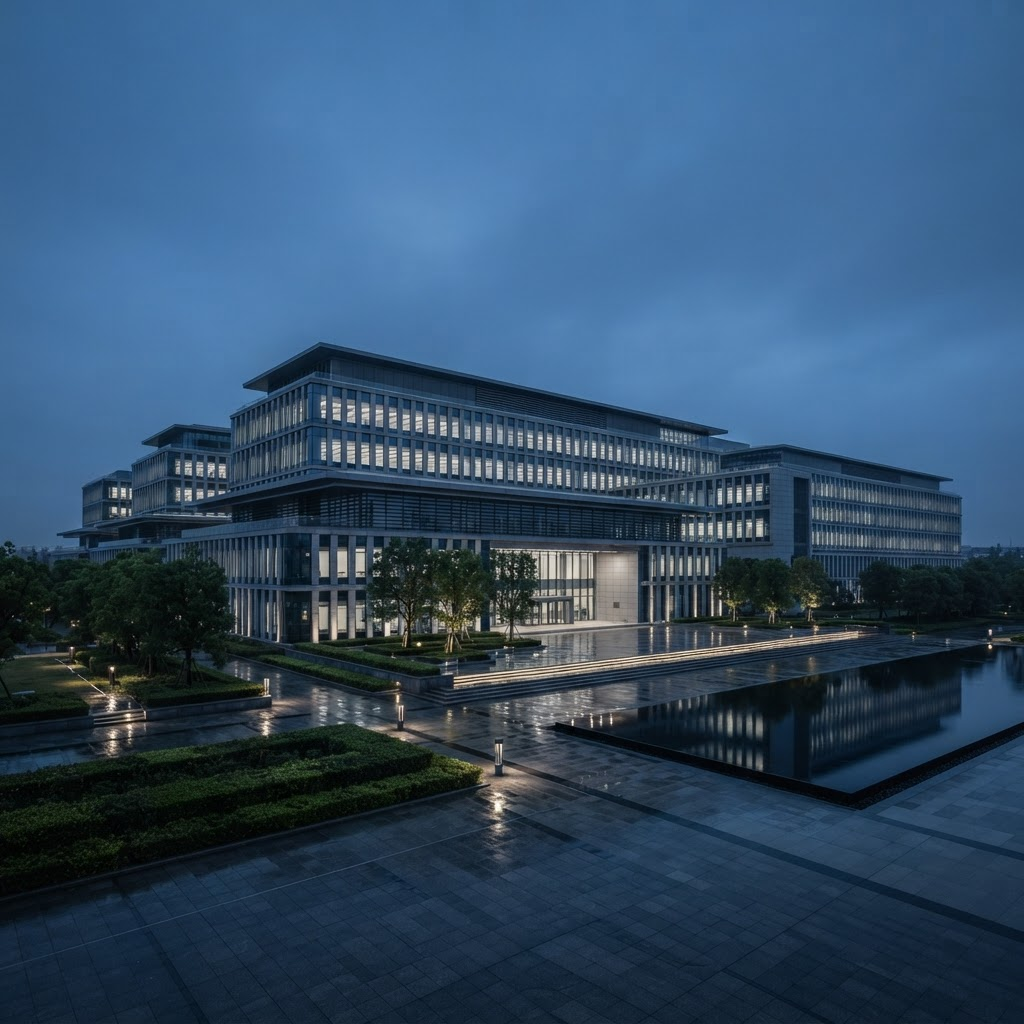 Modern institutional facility exterior at dusk